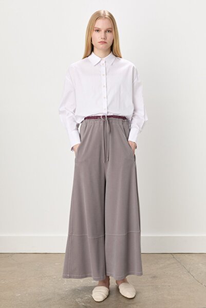 Nihan Dikiş Detaylı Bol Paça Örme Pantolon Gri