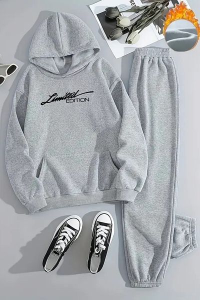 CLAYES Unisex Limited Edition Printed Hooded Gray Tracksuit Set - Winter Embossed Fabric