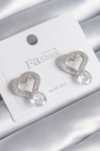 Skygo Brass Silver Color Zircon Stone Heart Model Drop Zircon Stone Detail Women's Earrings - TJ-BKP8534