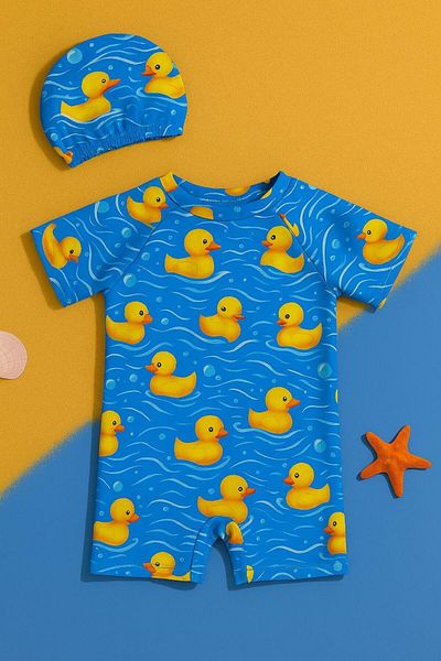 Mai Perla Children's Unisex Jumpsuit Swimsuit Duck Costume Patterned Back Zipper with Bonnet Gift Flexible and Comfortable 1-5 Years Old