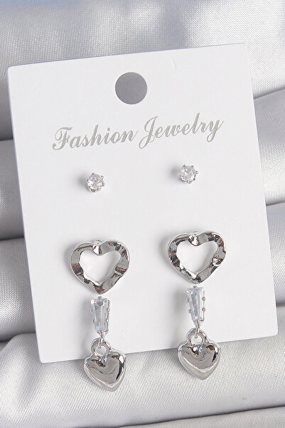 Skygo Brass Silver Color Zircon Stone Detailed Dangle Model 2 Pair Women's Earrings Set - Tj-Bkp10595