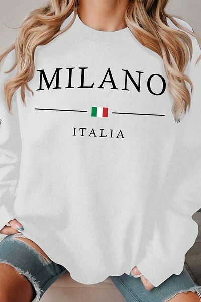 MODAGEN Unisex White Milano Printed Crew Neck Oversize Sweatshirt