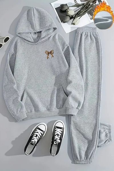 CLAYES Unisex Leopard Ribbon Printed Hooded Gray Tracksuit Set - Winter Embossed Fabric