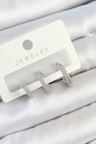 Skygo Brass Zircon Stone Hoop Model Silver Color 3-Piece Double Women's Earring Set - Tj-Bkp10793
