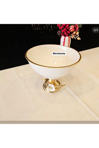 MaviDamla 26.cm Gala White Minelli Model Foot Presentation Bowl Gold with Star Details