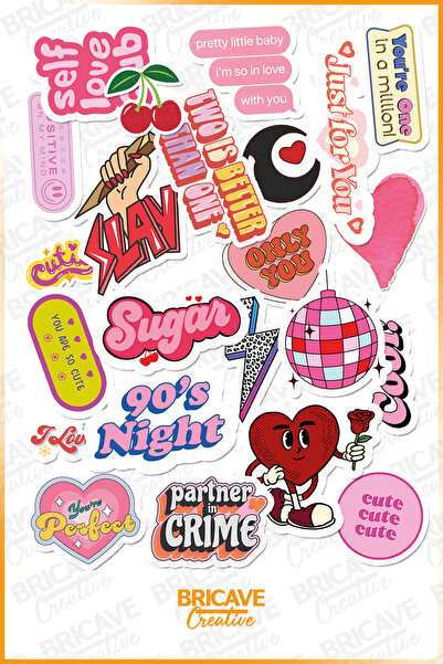 Bricave Pembe Aşk 90s PVC Sticker Seti (2 Sayfa) / Laptop, Telefon, Journal, ...