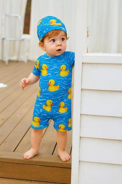 Mai Perla Çocuk Unisex Tulum Mayo Ördek Kostüm Desenli Arkadan Fermuarlı Bone Hediyeli Esnek ve Rahat 1-5 Yaş