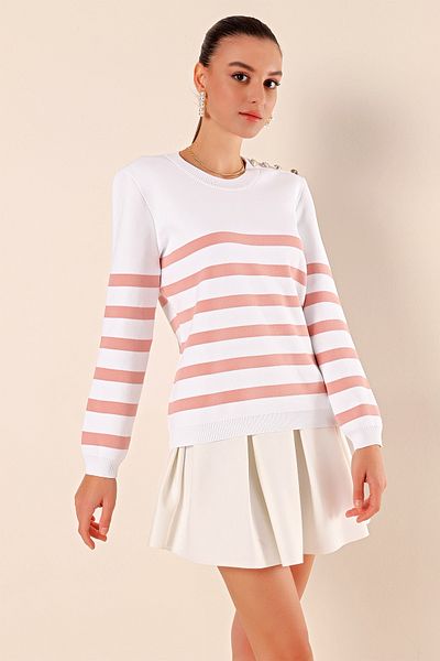 Merterium Women's Buttoned Striped Sweater C. Powder 1220