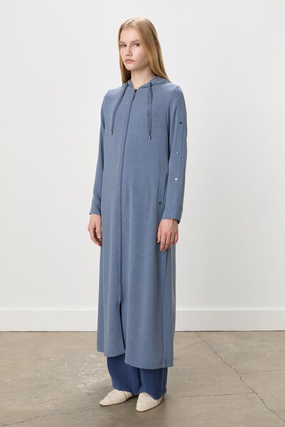 Nihan Kolları Çıt Çıt Detaylı Kapşonlu Ferace İndigo