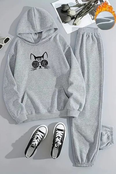 CLAYES Unisex Good Vbs Cat Printed Hooded Gray Tracksuit Set - Winter Embossed Fabric