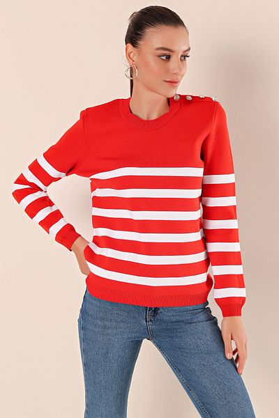 Merterium Women's Buttoned Striped Sweater Red 1220
