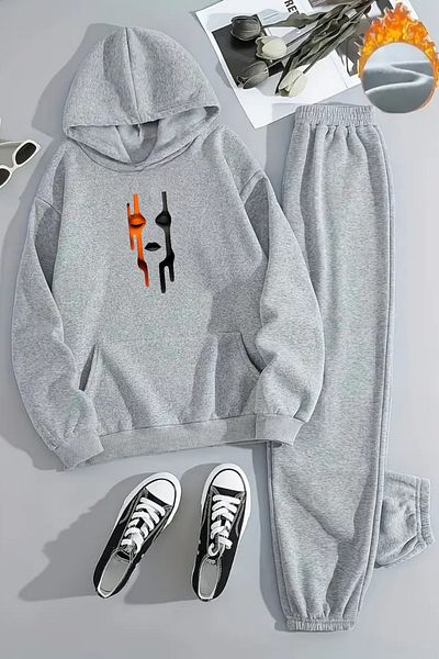 Sweetline Unisex Artistic Face Printed Hooded Gray Tracksuit Set - Winter Embossed Fabric