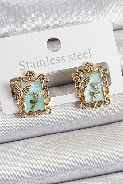 Skygo Brass Green Enamel Artistic Portrait Model Gold Color Women's Earrings - Tj-Bkp10684
