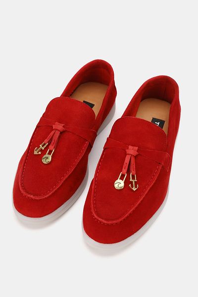 TUNAELLİ Women's Red Suede Khaki Natural Leather Number 36-41 Bow Loafer Shoes