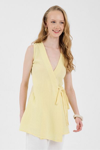 Rays Yellow 100% Cotton Muslin Side Tie Belted Vest 8017A
