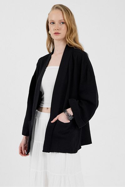Rays Black 100% Cotton Pocket Muslin Kimono 8065A