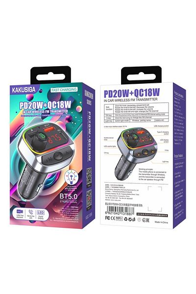 REDz Accessories Bluetooth Car Modulator KSC‑1066, FM Transmitter, Fast PD 20W + QC 18W, USB, LED Color