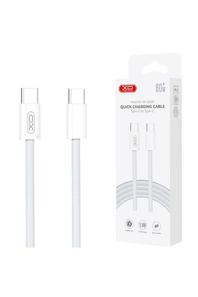REDz Accessories XO-Q260B Cable, Type-C to Type-C, 1.5M, for iPhone 15/16 and Android, Data Transfer, Fast 60W, White