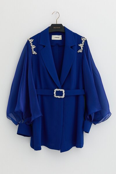 Nihan Büyük Beden Omzu Parlak Taşlı Kolu Organze Pantolon Ceket Takım Saks