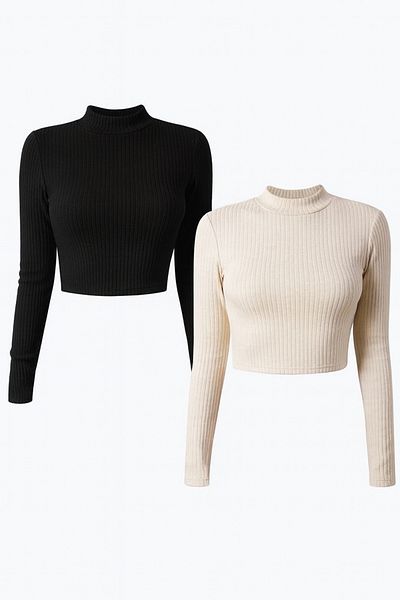 ÖZ PAMUK Women's 2-Piece Ribbed Turtleneck Knitted Camisole Long Sleeve Crop Blouse
