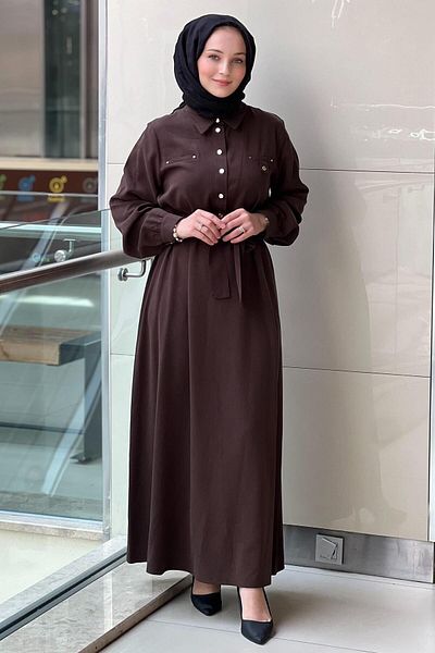 Nuss Six Studs Shirt Collar Belted Dress