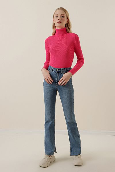 Merterium Women's Turtleneck Ribbed Sweater Fuchsia 1223