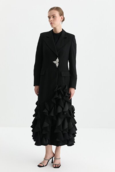 Nihan Eteği Fırfırlı Taşlı Uzun Ceket Siyah