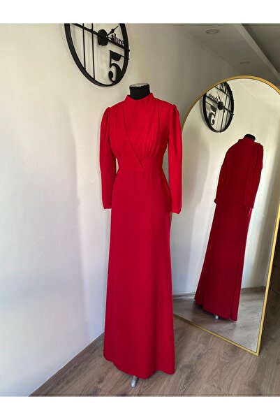 Prive Krep Drapeli Elbise Kırmızı