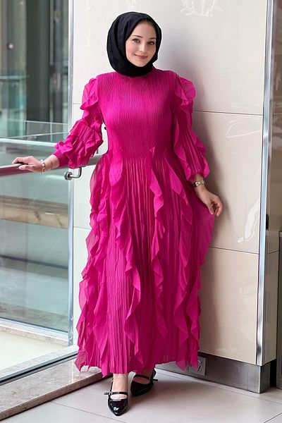 Mahal Accordion Sleeves and Hem Ruffle Dress