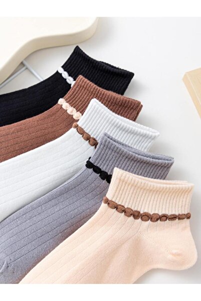 çorapmanya 5 Çift Yarım Konç Çok Renkli Pikotlu Unisex Kolej Tenis Çorap