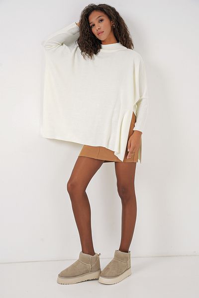 Merterium Women's Slit Knitwear Poncho Sweater White 1222