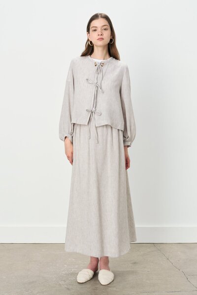 Nihan Bağlama Ceketli Etek Keten Görünümlü Takım Gri