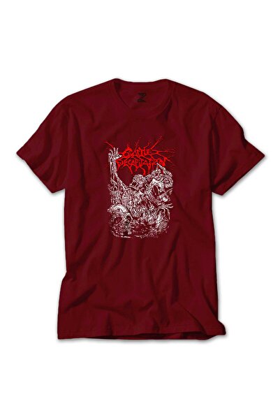 Megstill Tricou clasic colorat cu design Cattle Decapitation, culoare roșie, ...