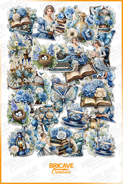 Bricave Mavi Vintage Cottagecore PVC Sticker Seti 2 Sayfa Laptop Telefon Jour...