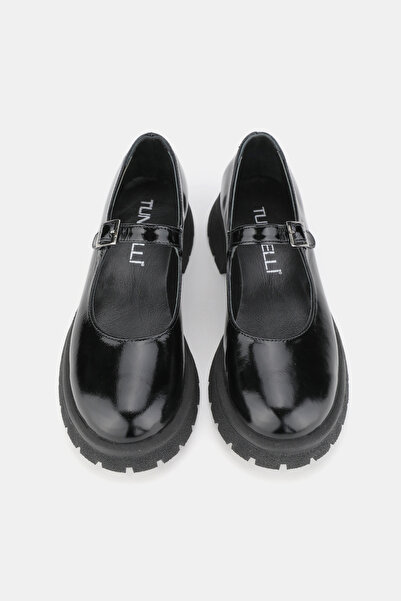 TUNAELLİ Women's Black Patent Leather Genuine Natural Leather 36-41 Number Mary Jane Shoes with Buckle Band