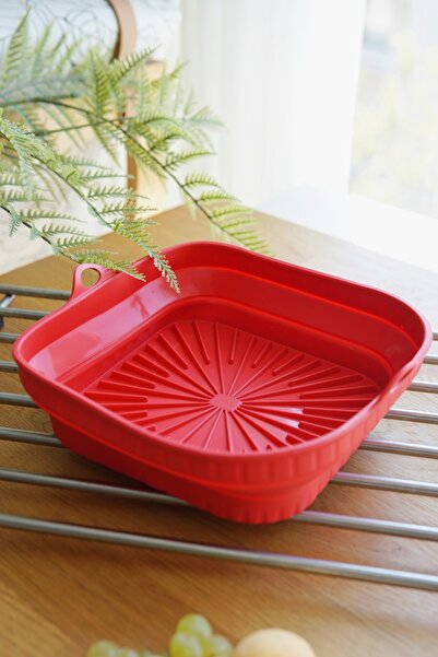 EVLE Foldable Square Silicone Airfryer Baking Dish, Platinum Silicone, 21 X 21 X 6 Cm, Red