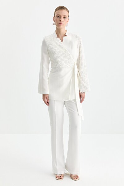 Nihan Payetli Bağlamalı Ceket Ekru