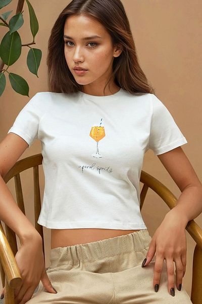 Hiccup Regular Fit Crew Neck 100% Cotton Crop T-Shirt with Print Detail