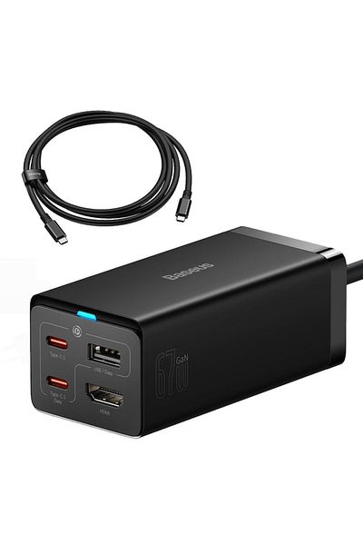 Baseus 220V 67W GaN5 Pro Charger, USB-A, 2xUSB-C, HDMI, Black