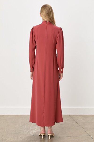 Nihan Pile Detaylı Şık Elbise Kiremit