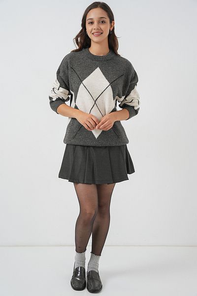 Merterium Women's Diamond Patterned Oversize Sweater Anthracite 1225