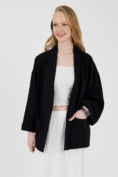 Rays Black 100% Cotton Pocket Muslin Kimono 8065A