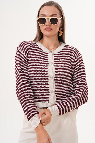 ŞİMAL Women's Stripe Patterned Metal Buttoned Knitwear Knitted Cardigan 255210 -