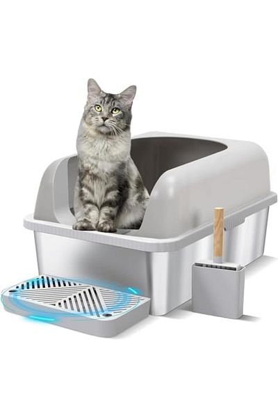ANGJU Stainless Steel Cat Litter Box Metal Extra Large Cat Litter Tray for Big Cats