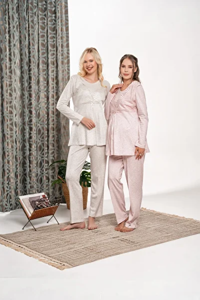 Lohussa Women's Powder Knitted Velvet Lace Special Design Winter Cotton Maternity Maternity Dressing Gown Pajama Set