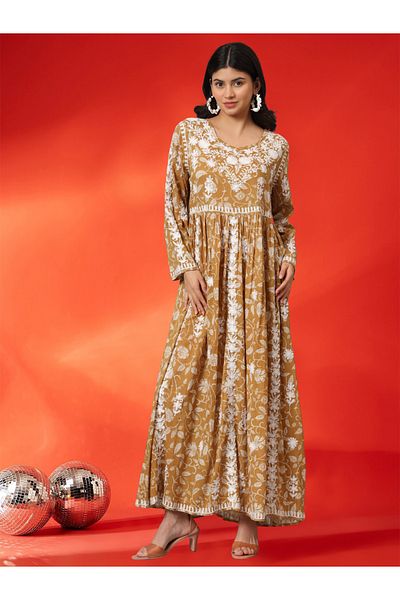 alaya Hand Embroidered Lucknowi Chikankari Printed Mulmul Cotton Jalabiya-AL3936