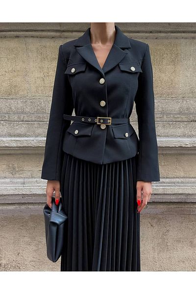 ossons Pleated Gold Buttoned Belted Jacket Skirt Suit
