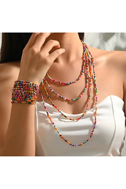 Other قلادة ملونة 140 سم و4 أساور مجوهرات نسائية