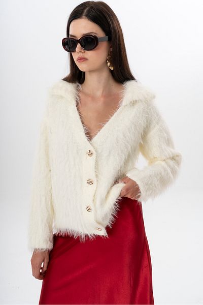 NATUFIAN STORE Women's Long Shaggy Glittery V-Neck Patch Washable Knitwear Cardigan
