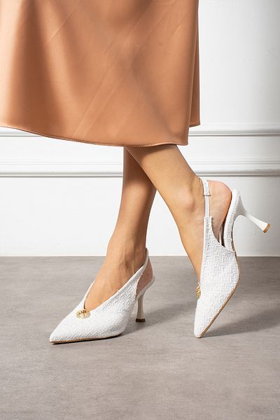 Güllü Shoes White Fabric Textured Button Detailed Slingback Thin Heeled Women's Stiletto